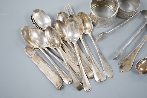 A silver napkin ring, a small quantity of assorted silver flatware and an 800 napkin ring, gross 12.5oz.